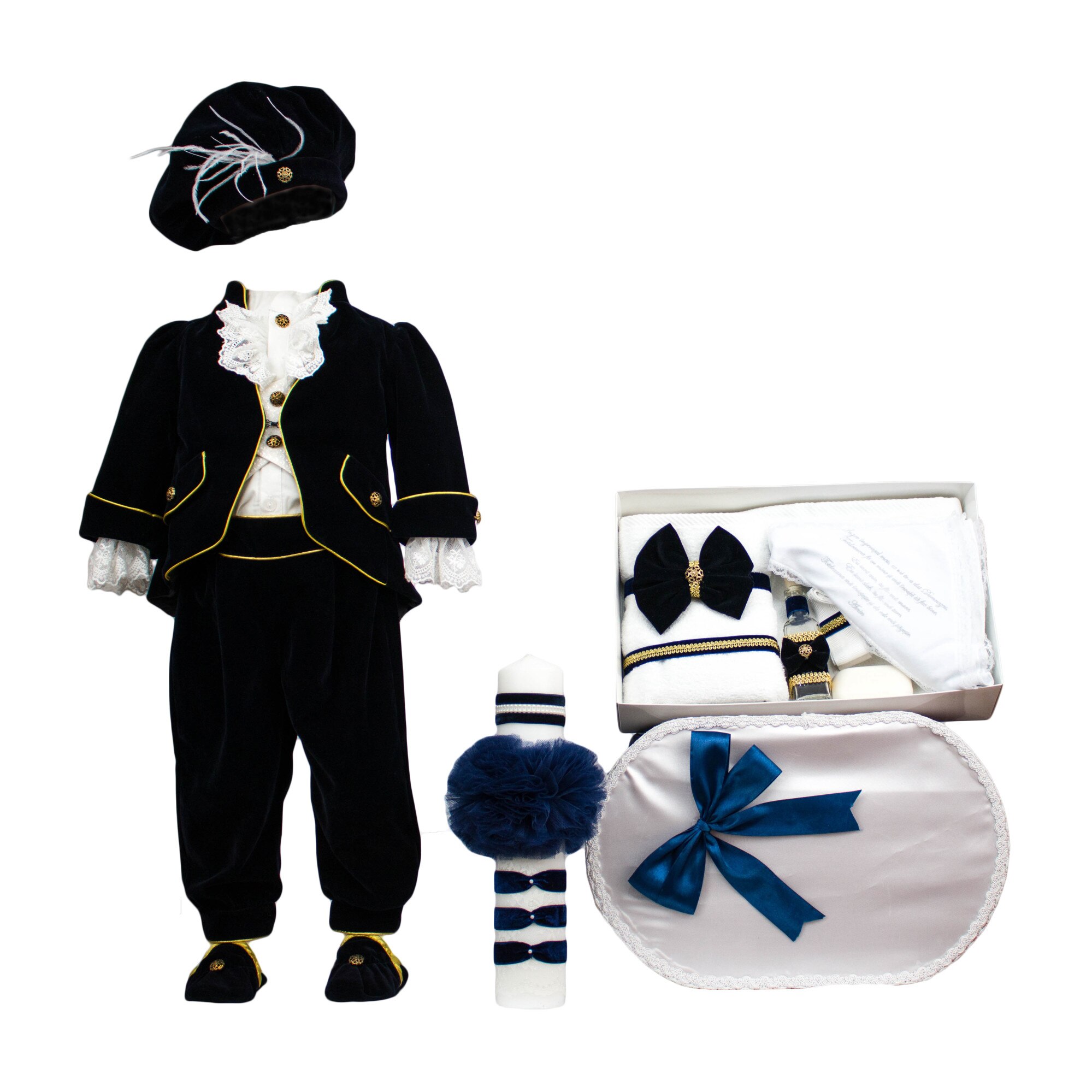 Set botez Regal din catifea bleumarin, patru piese, varsta 6-9luni