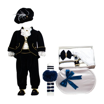 Set botez Regal din catifea bleumarin, patru piese, varsta 6-9luni Set botez Regal din catifea bleumarin, patru piese, varsta 6-9luni