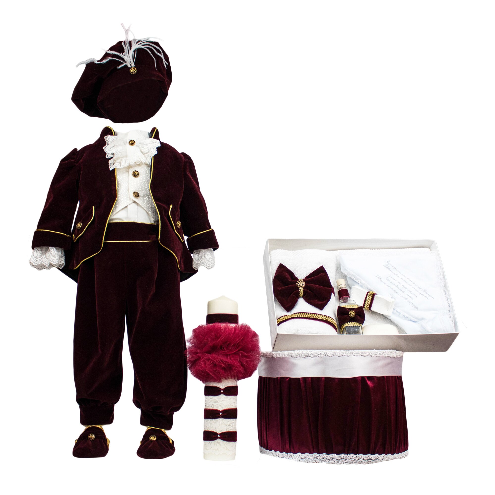 Set botez Regal din catifea grena, patru piese, varsta 3-6luni