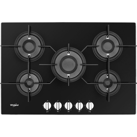 Plita incorporabila Whirlpool POW75D2/NB, Gaz, 5 Arzatoare, Tehnologia iXelium, Gratare din fonta, Aprindere electrica, 60 cm, Negru