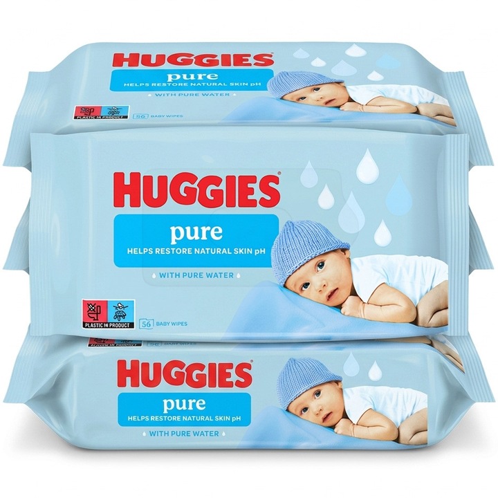 Servetele umede Huggies Pure, 4 pachete x 56, 224 buc