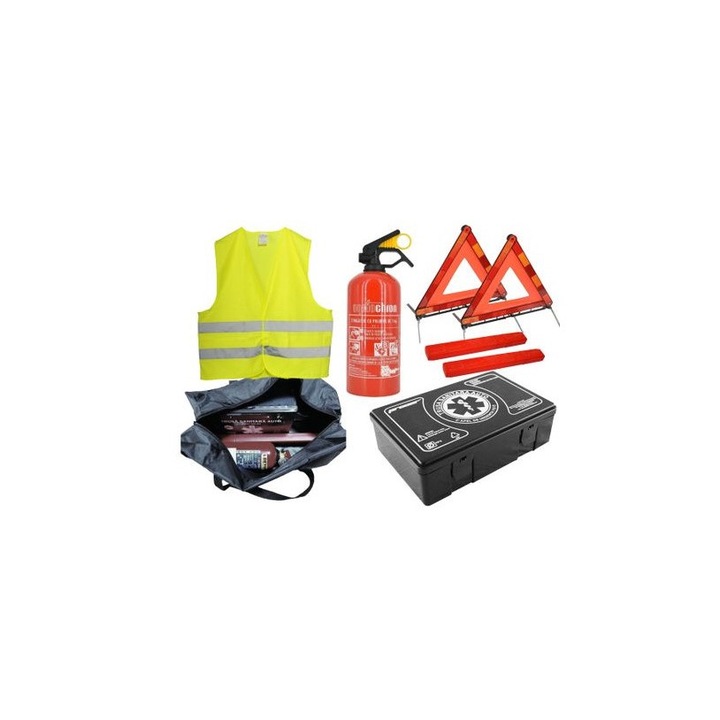 Комплект за безопасност: Медицински комплект, 2 х триъгълника, Пожарогасител, Жилетка, Чанта