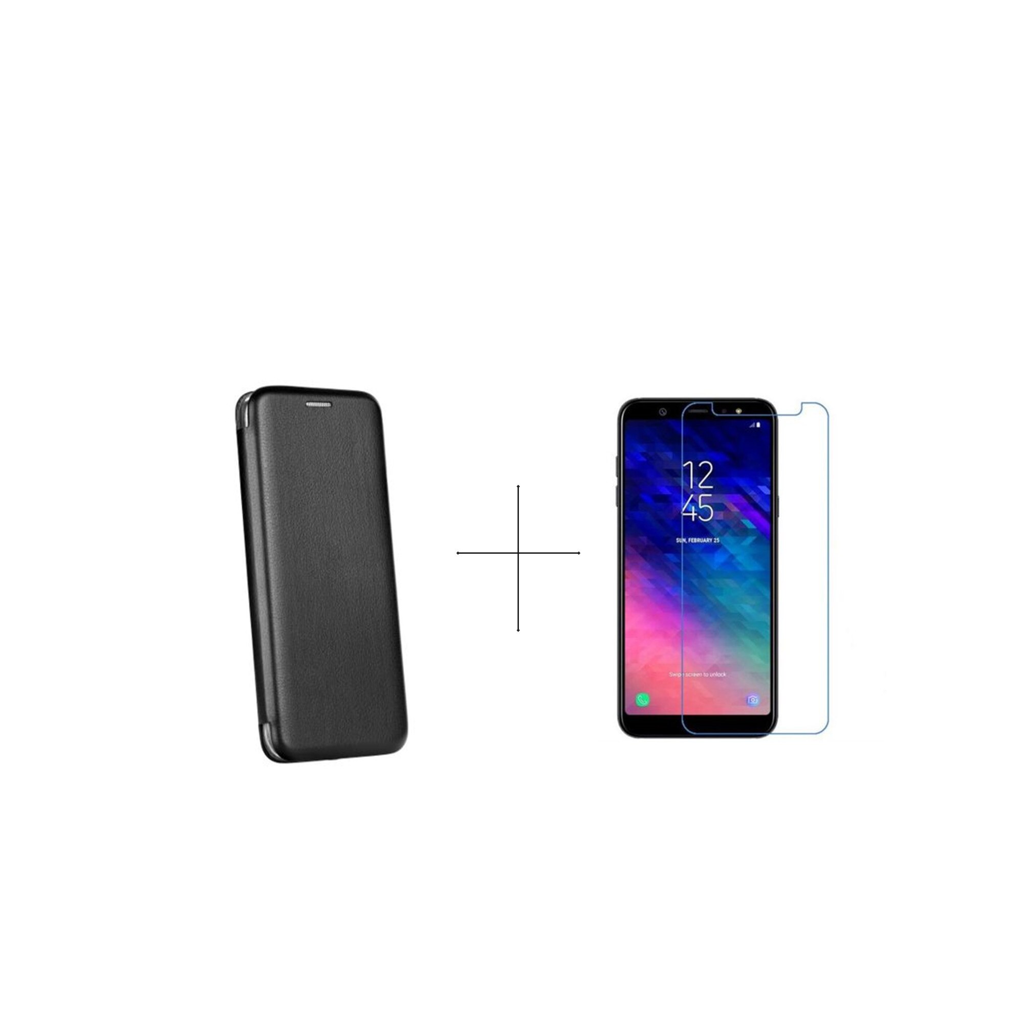 Set Husa Book Forcell Elegance - Samsung Galaxy A6 2018 negru+ folie sticla securizata transparenta