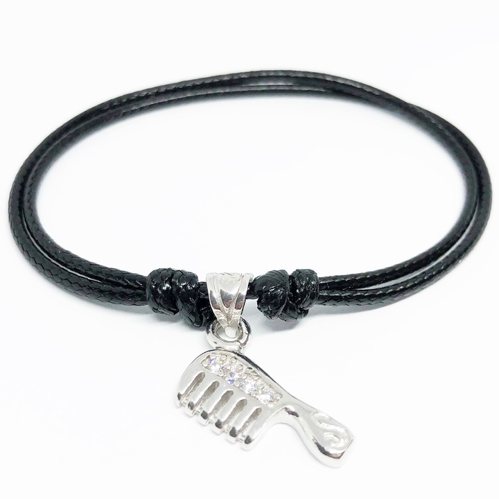 Bratara ajustabila unisex pe snur negru lucios cu accesoriu pieptan din argint 925, dimensiune reglabila, Dinuzete