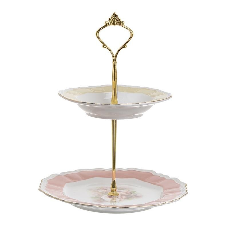 Etajera portelan trandafiri, multicolor, cu 2 platouri, 20 x 22 cm