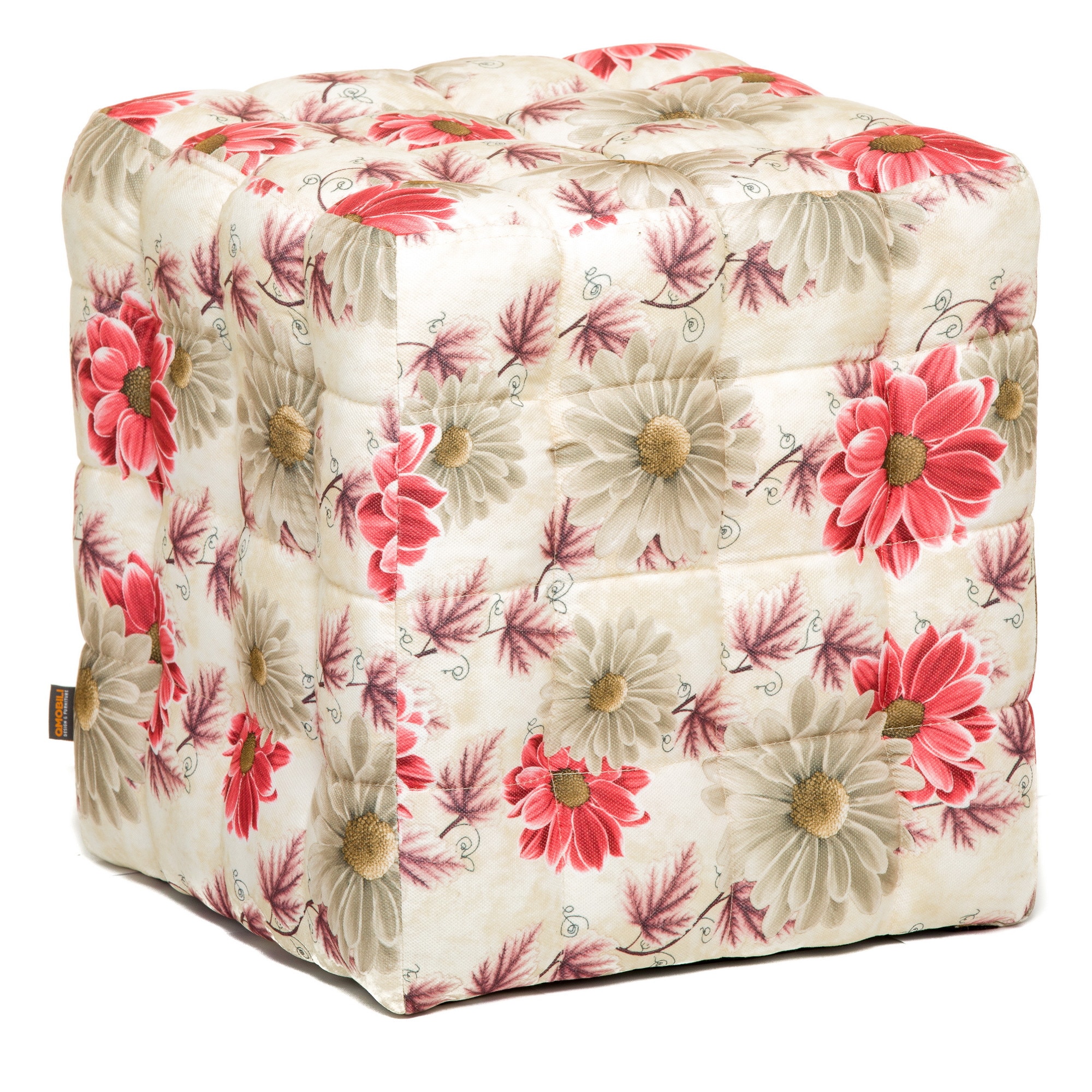 Taburet QMOBILI Bump Flori Rosu si Gri, stofa, tip cub