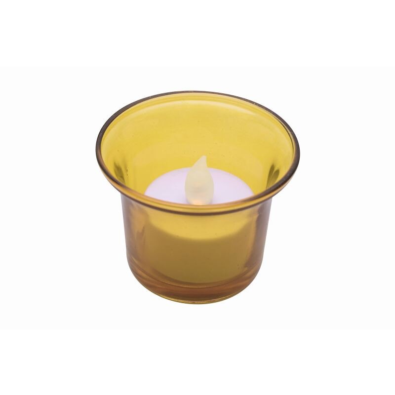 Candela cu LED in suport din sticla galbena, efect flacara reala, 3 V