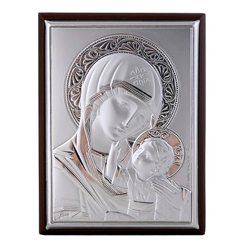 Icoana placata cu argint - Fecioara Maria si pruncul Iisus - Ortodox, finisaj alun, drept, 8*6 cm, 1/4 Icoana placata cu argint - Fecioara Maria si pruncul Iisus - Ortodox, finisaj alun, drept, 8*6 cm, 1/4