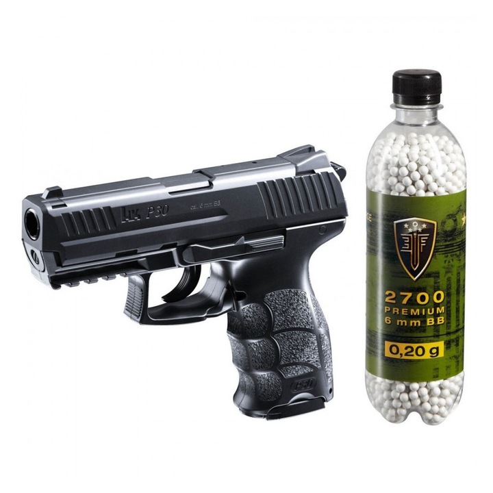 Комплект за еърсофт, Пистолет, Umarex, HK P30, 0.5 J, Бутилка с топчета, 2700 броя, 0.20 г
