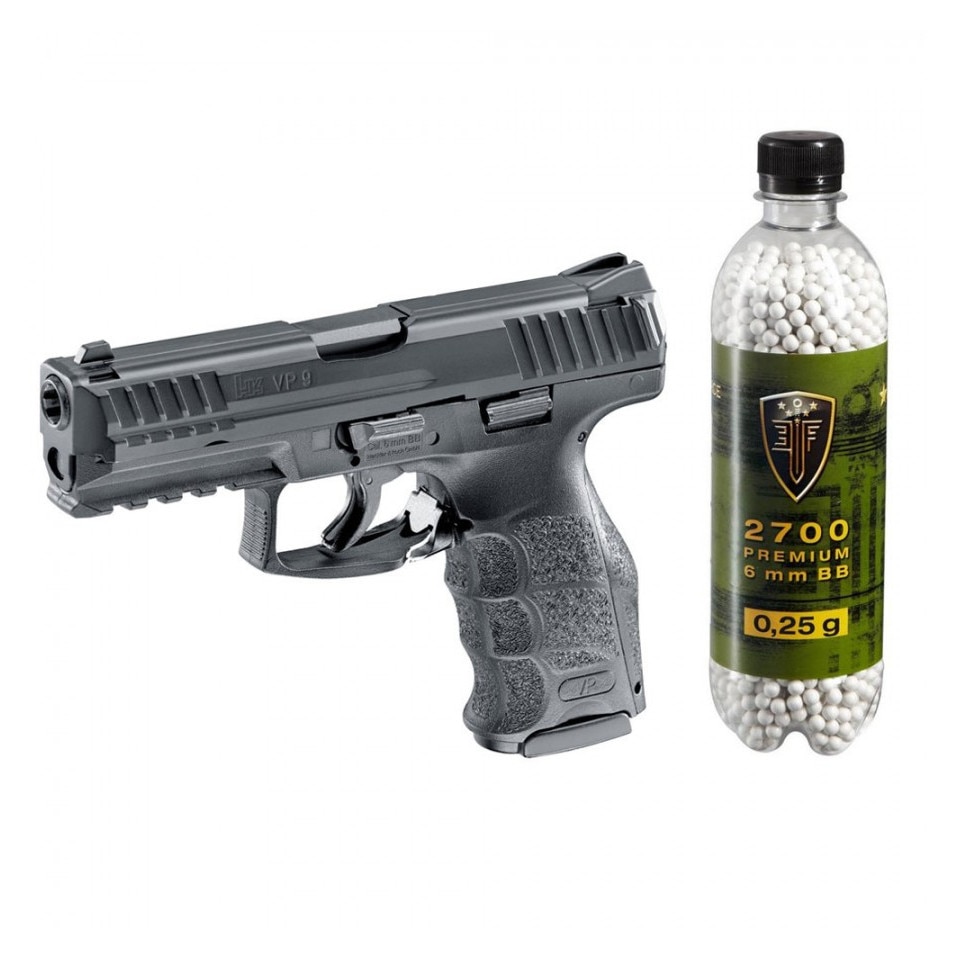 Set pistol airsoft arc si flacon 2700 buc bile 0.25 g, 0.5 jouli, Umarex HK VP9