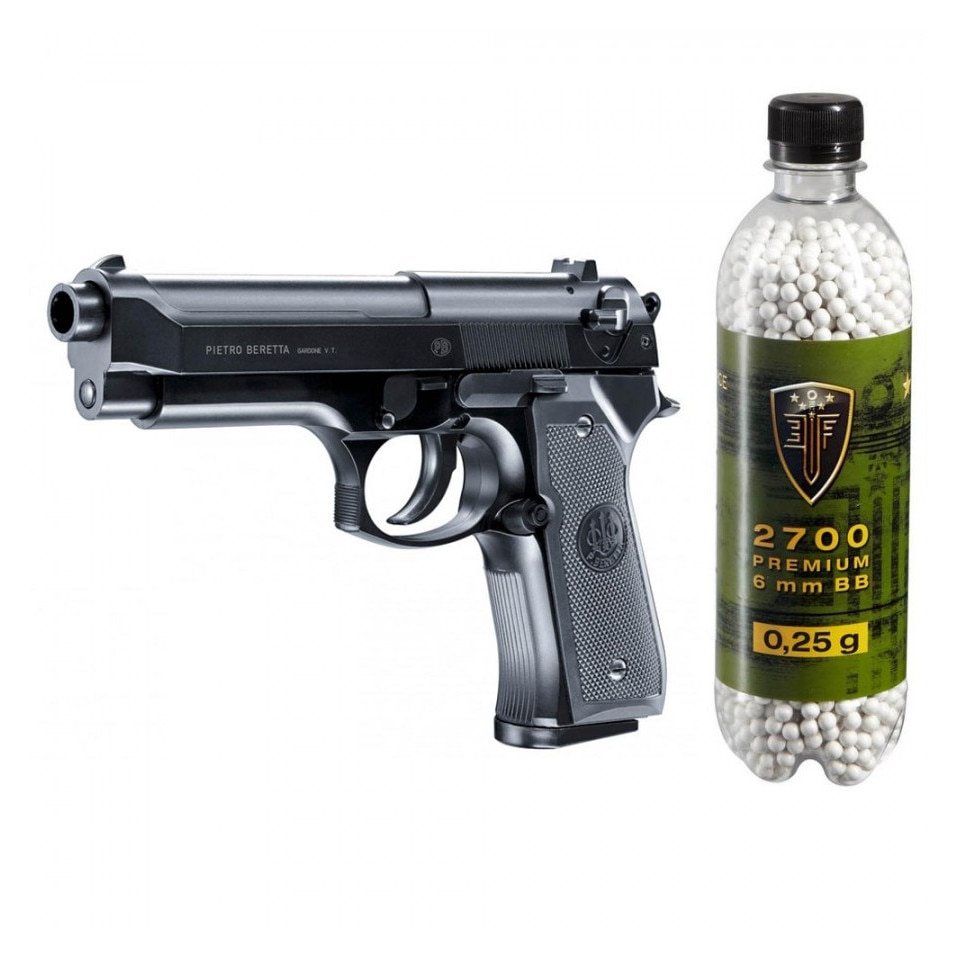 Set pistol airsoft arc si flacon 2700 buc bile 0.25 g, 0.5 jouli, Umarex Beretta M92FS