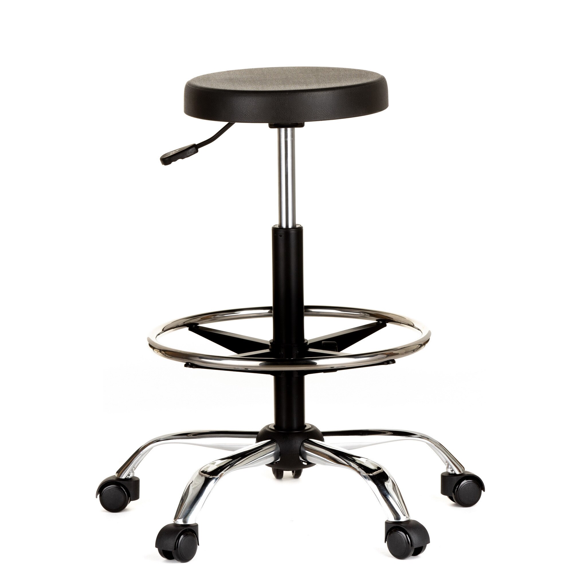 Scaun laborator QMOBILI 1290 EXT ROT CR Negru, suport picioare, sezut rotund poliuretan, baza cromata, role gumate