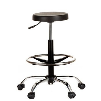 Scaun laborator QMOBILI 1290 EXT ROT CR Negru, suport picioare, sezut rotund poliuretan, baza cromata, role gumate Scaun laborator QMOBILI 1290 EXT ROT CR Negru, suport picioare, sezut rotund poliuretan, baza cromata, role gumate
