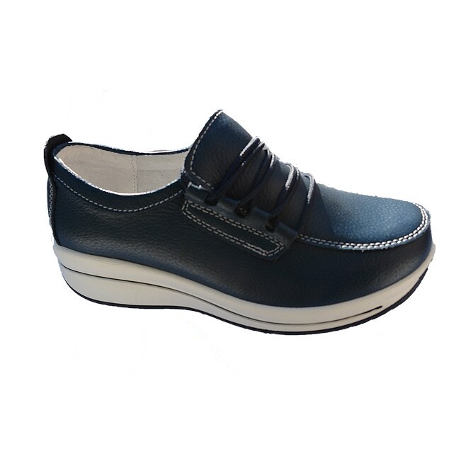 Pantofi din piele cu talpa joasa, varf rotund si siret reglabil, D&J Exclusive, Bleumarin