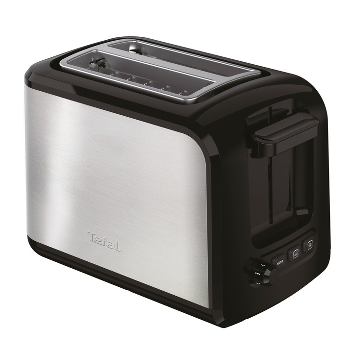 Prajitor de paine Tefal Express TT410D38, 850 W, 7 nivele de rumenire, 2 fante, 3 functii, Inox/Negru