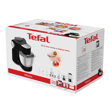 Robot de bucatarie Tefal Wizzo QB319838, 1000 W, Flex Whisk, Set pentru patiserie, Bol din inox, Tocator, Blender, Negru/Inox