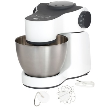 Robot de bucatarie Tefal Wizzo QB310138, 1000 W, Flex Whisk, Set pentru patiserie, Bol, Tocator, Alb/Inox Robot de bucatarie Tefal Wizzo QB310138, 1000 W, Flex Whisk, Set pentru patiserie, Bol, Tocator, Alb/Inox