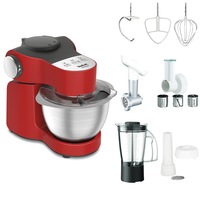 Robot de bucatarie Tefal Wizzo QB317538, 1000W, selector viteze, accesorii patiserie, bol 4L din inox, blender 1L, accesoriu tocat carne, accesorii radere si feliere, rosu