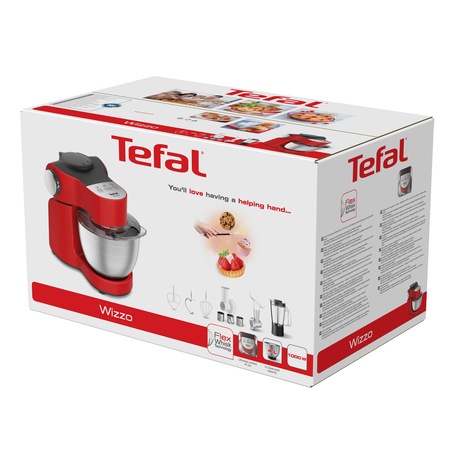 Robot de bucatarie Tefal Wizzo QB317538, 1000 W, Flex Whisk, Set pentru patiserie, Bol din inox, Tocator, Blender, Rosu/Inox