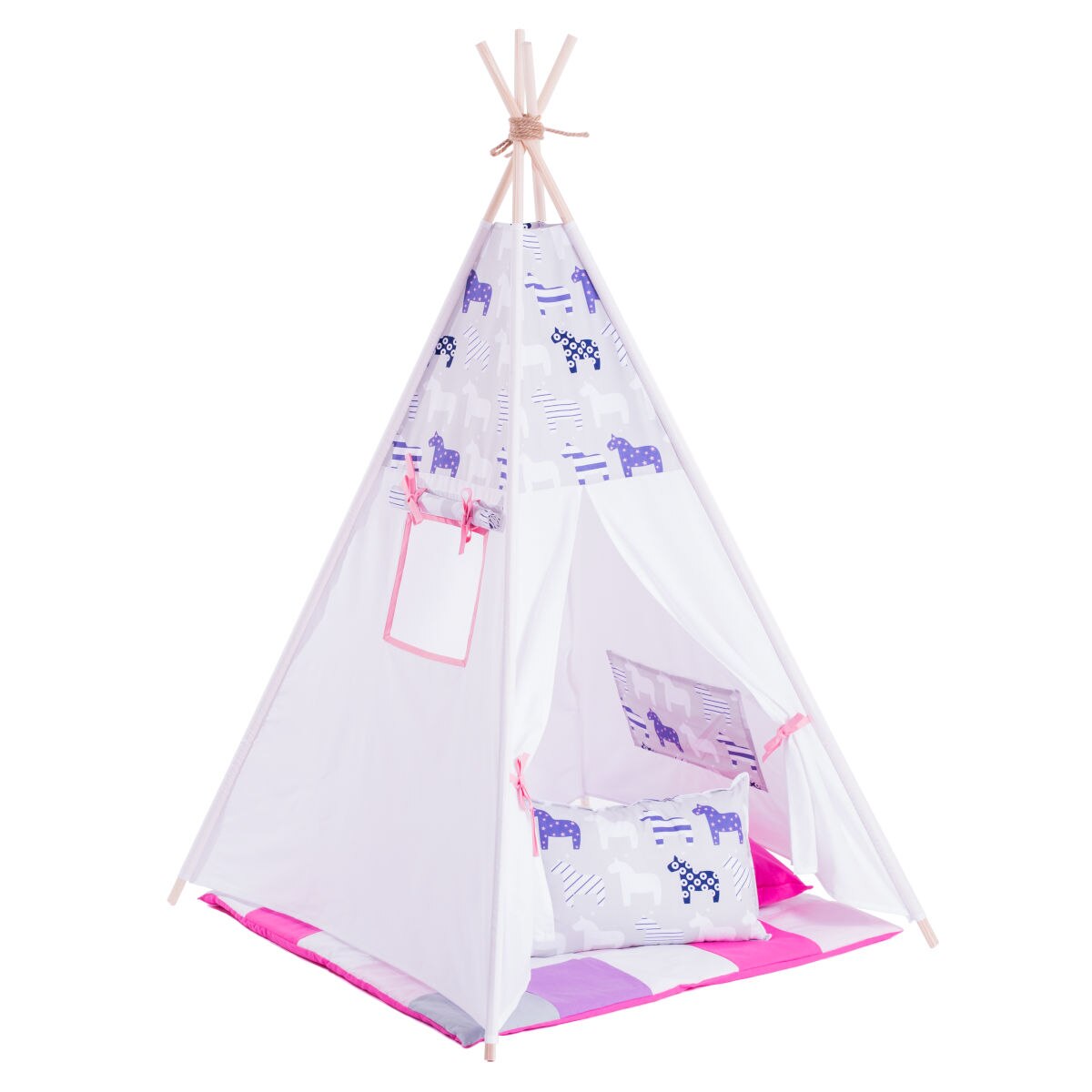 Set Cort de joaca teepee La galop, Montessori, bumbac 100% certificat, 105 x 105 x 176 cm, contine salteluta de joaca si doua perne, Dandelion