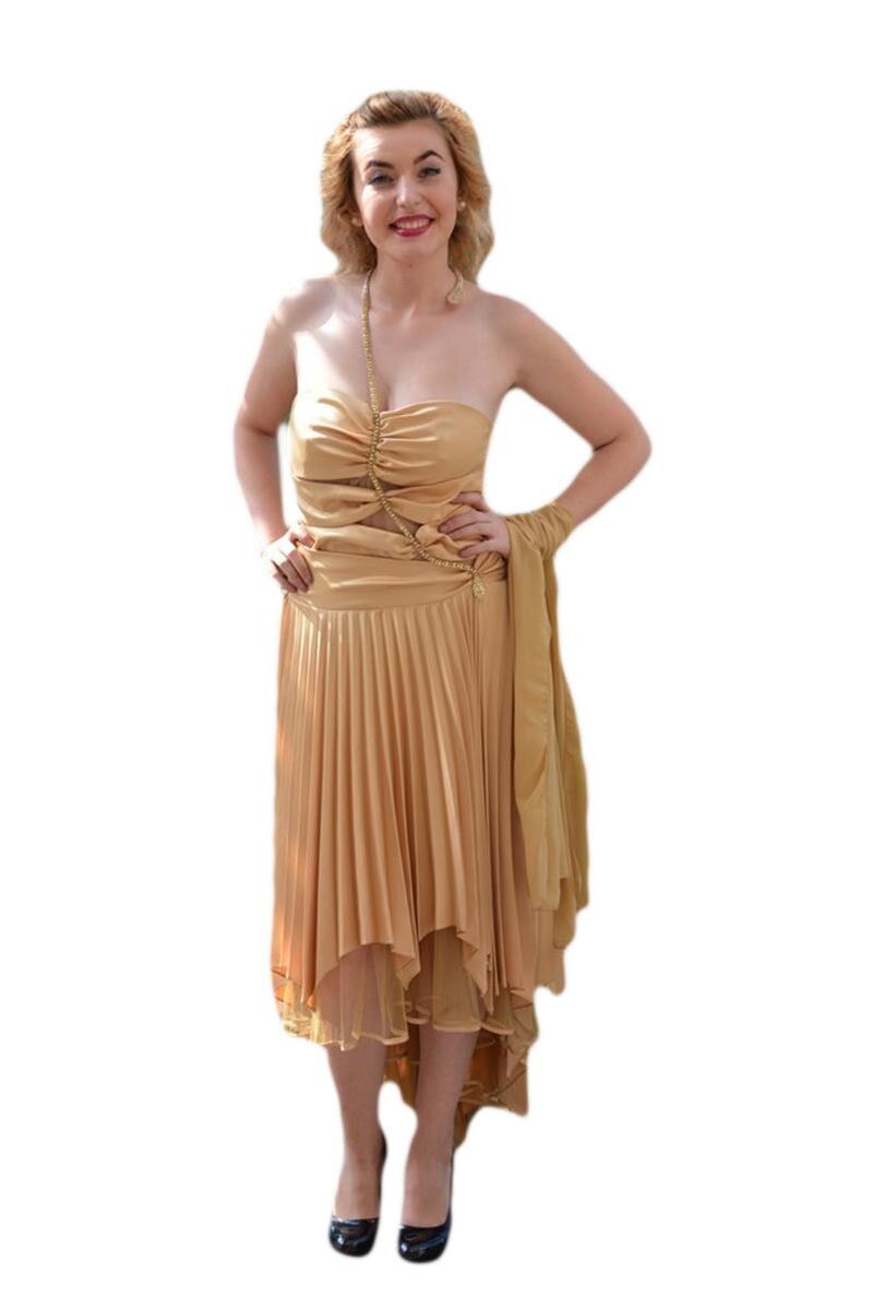 Rochie sofisticata de ocazie cu pliuri si insertii de strass-uri, D&J Exclusive, Auriu