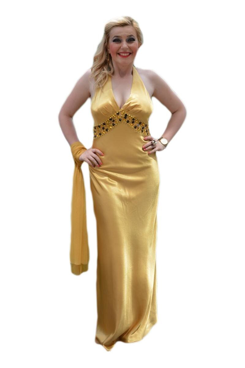 Rochie simpla de seara, lunga, cu decolteu in V, bretele dupa gat,D&J Exclusive, Auriu