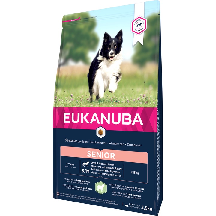 Hrana uscata pentru caini Eukanuba Senior Small & Medium Breed, Miel si Orez, 2.5Kg
