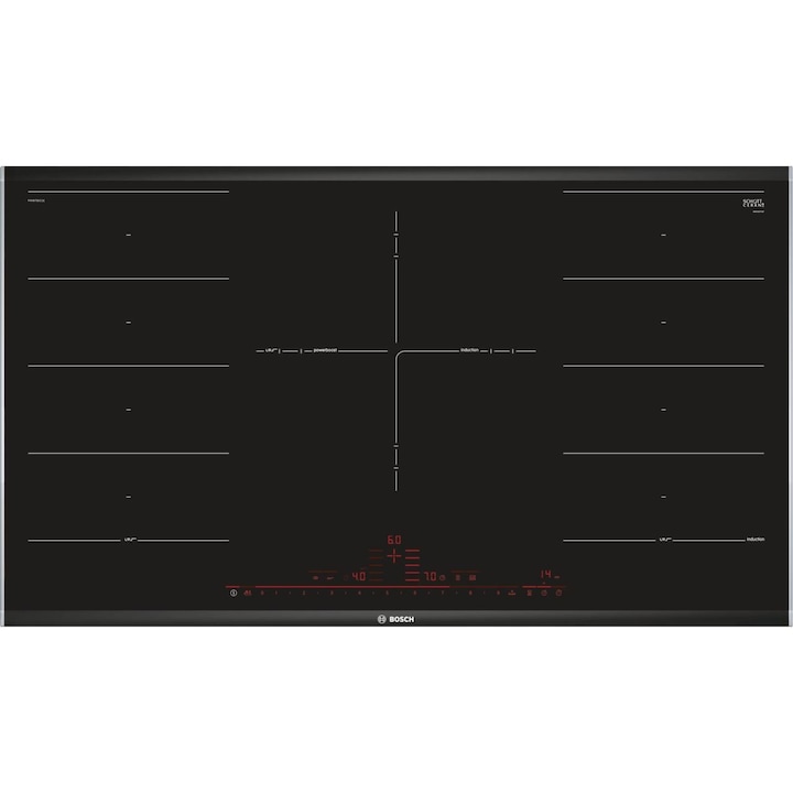 Plita incorporabila inductie Bosch PXV975DC1EE, Direct Select, ReStart, 5 zone de gatit, Negru