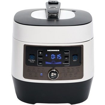 Multicooker cu gatire sub presiune Heinner HPCK-6WH, 3.3 L, 14 programe, vas antiadeziv detasabil, Timer, presiune reglabila, display LED, Alb Multicooker cu gatire sub presiune Heinner HPCK-6WH, 3.3 L, 14 programe, vas antiadeziv detasabil, Timer, presiune reglabila, display LED, Alb