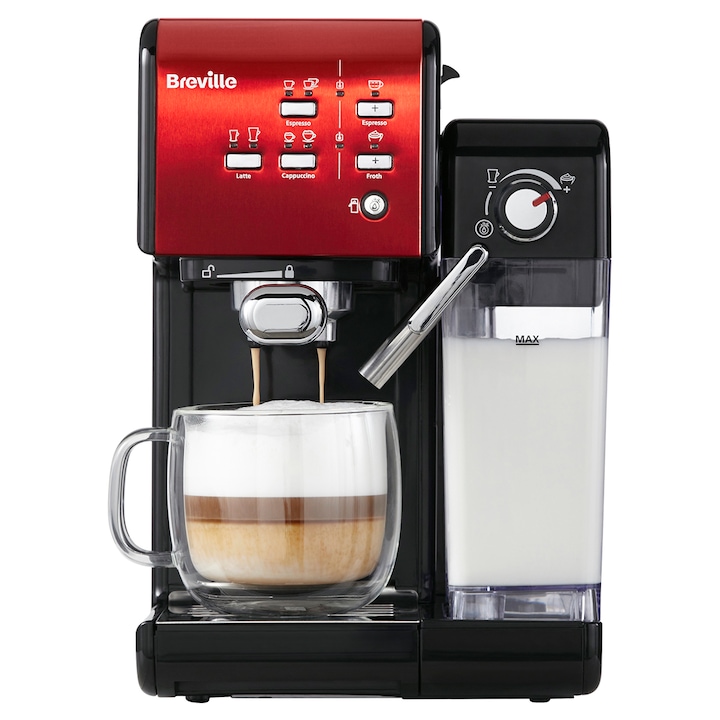 Breville VCF109X Prima Latte II Kávéfőző, 19 bar, 1.5 L, 0.6 L tejtartály, Piros