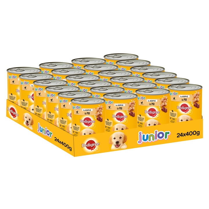 Hrana umeda pentru caini Pedigree Junior, Pui,Conserva, 24x400g
