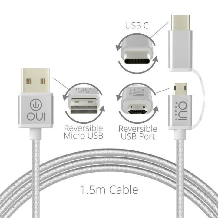 Cablu de date magnetic, OUI POWER, reversibil pentru Micro USB si USB-C