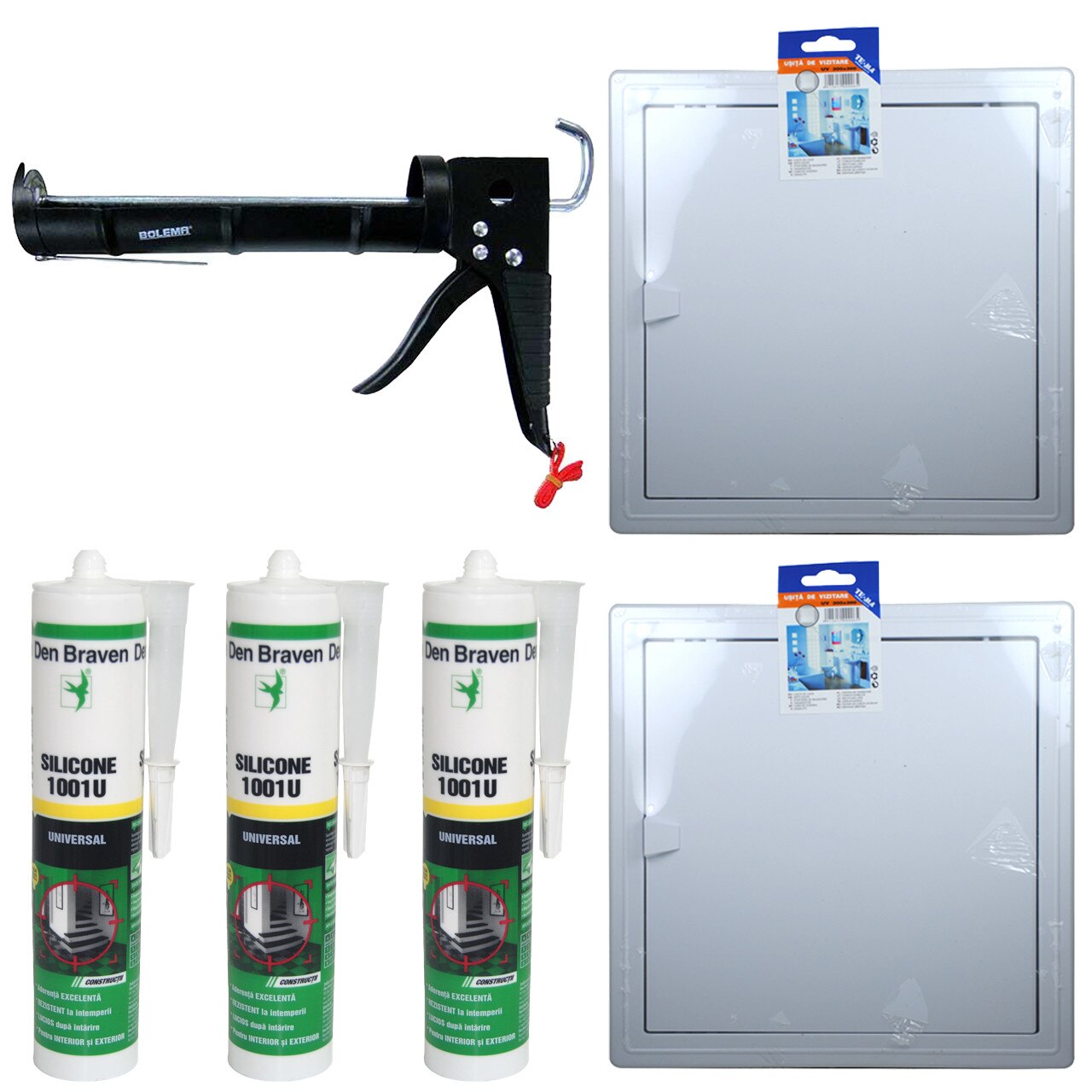 Pachet - 2 x TE-MA, Usita de vizitare, 300 x 300 mm + 3 x Den Braven, Silicon universal alb, 1001U, 280 ml + Pistol silicon, negru