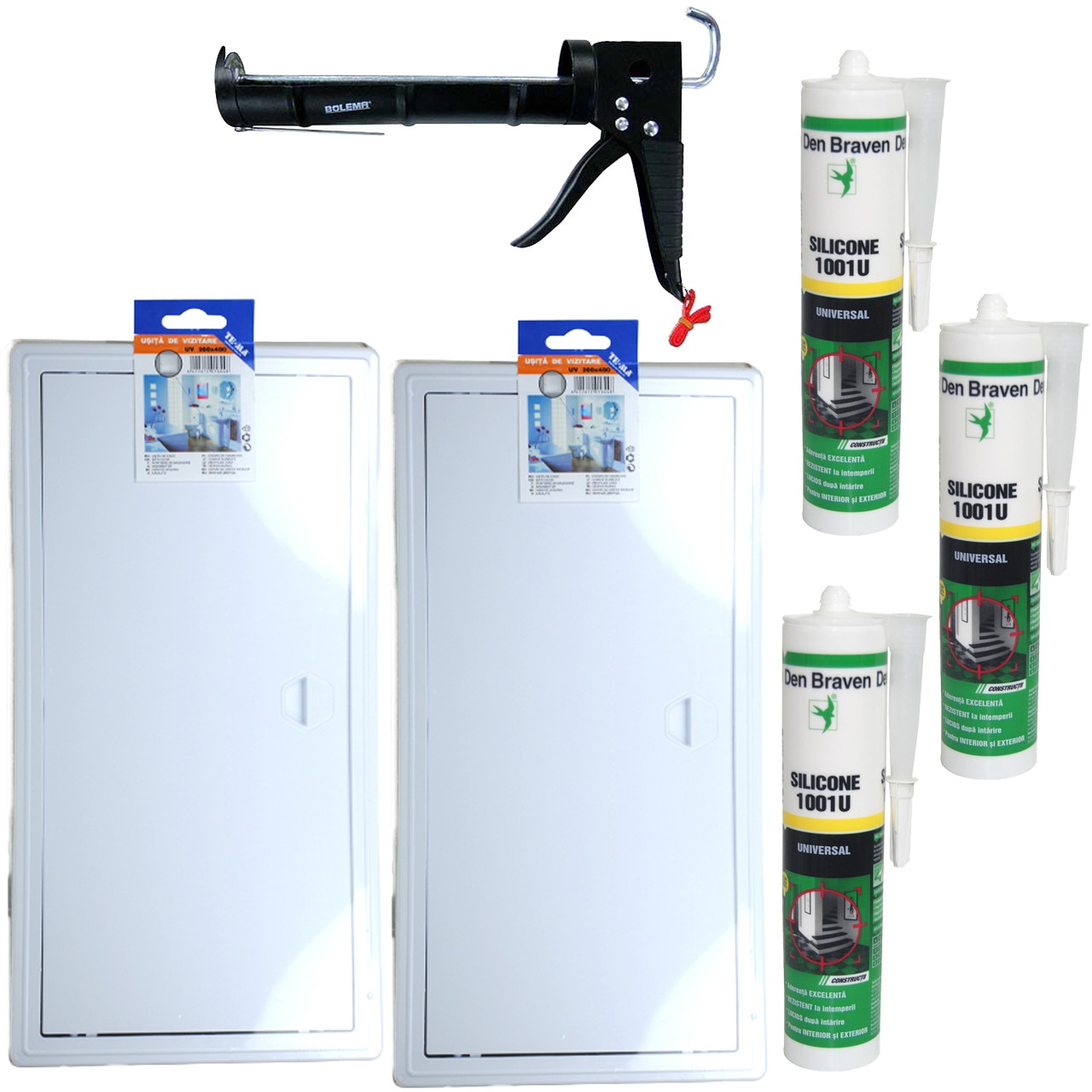Pachet - 2 x TE-MA, Usita de vizitare, 200 x 400mm + 3 x Den Braven, Silicon universal alb, 1001U, 280ml + Pistol silicon, negru