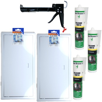 Pachet - 2 x TE-MA, Usita de vizitare, 200 x 400mm + 3 x Den Braven, Silicon universal alb, 1001U, 280ml + Pistol silicon, negru Pachet - 2 x TE-MA, Usita de vizitare, 200 x 400mm + 3 x Den Braven, Silicon universal alb, 1001U, 280ml + Pistol silicon, negru