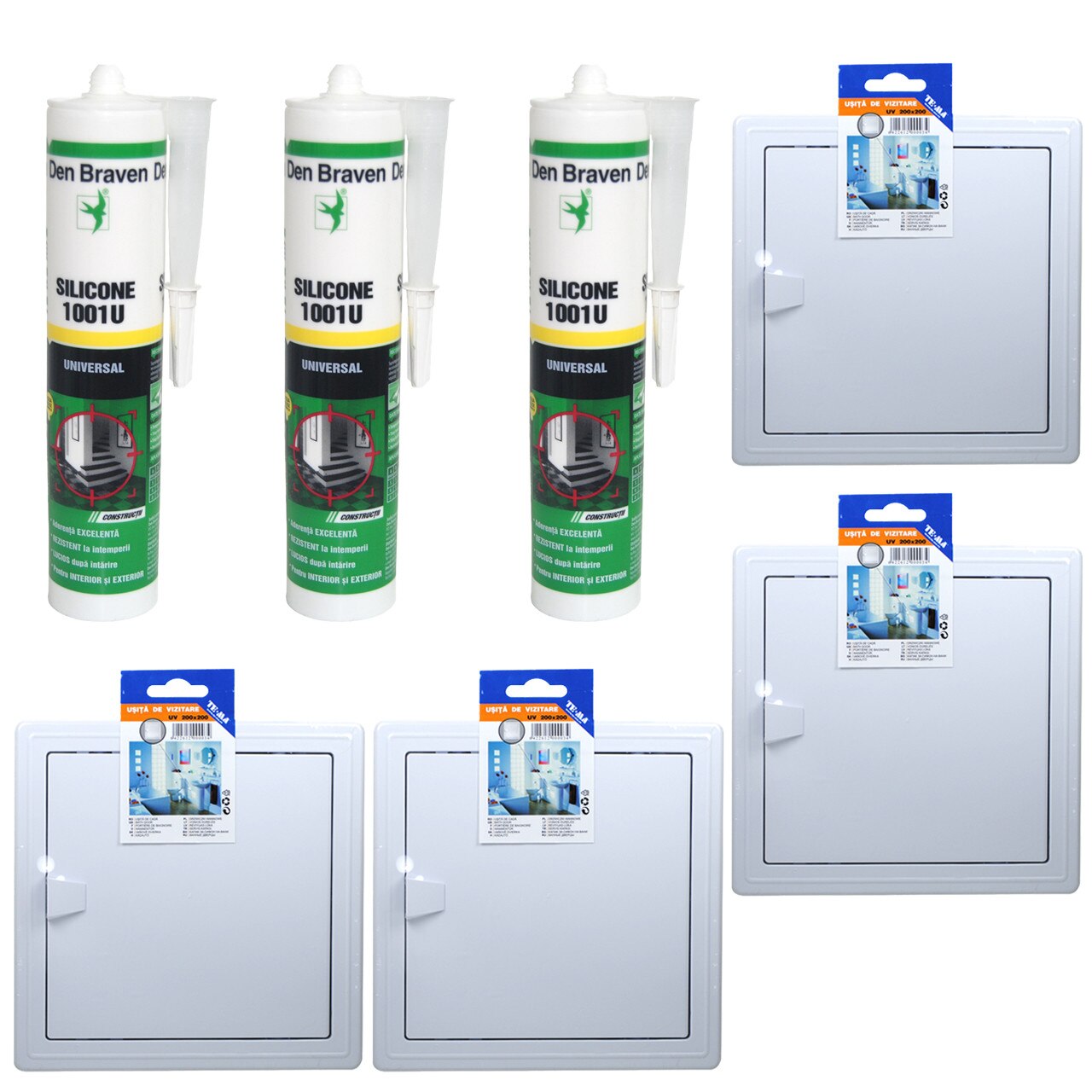 Pachet - 4 x TE-MA, Usita de vizitare, 200 x 200 mm + 3 x Den Braven, Silicon universal alb, 1001U, 280 ml