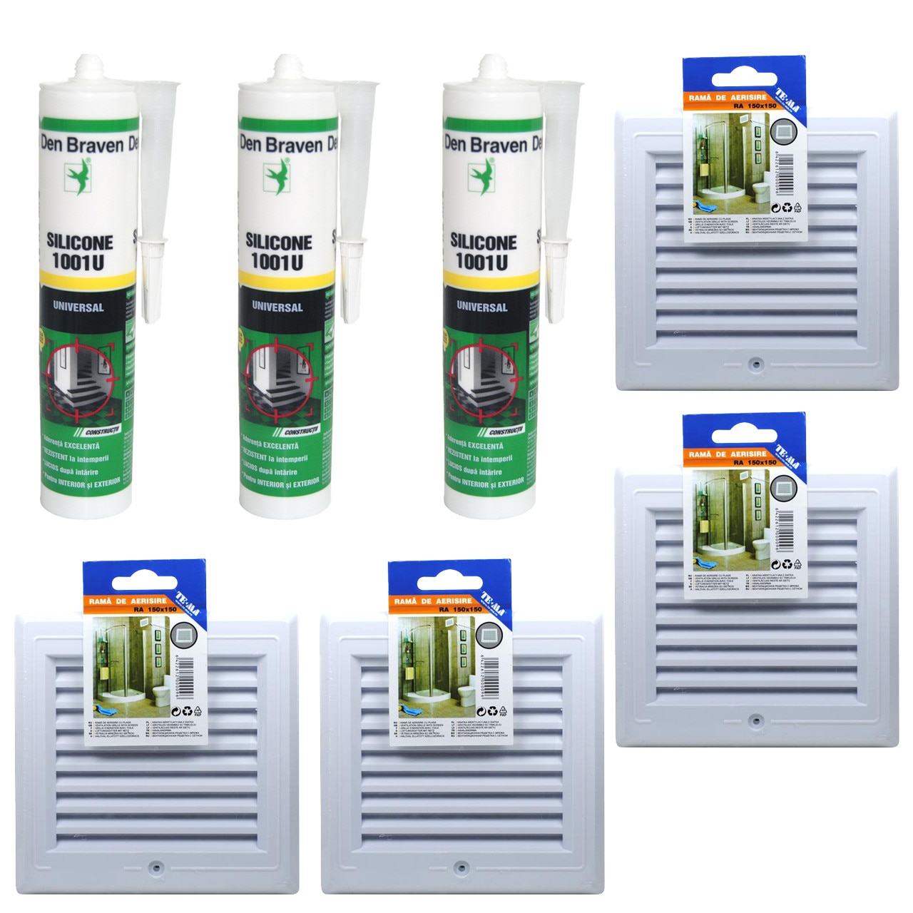 Pachet - 4 x TE-MA, Rama de aerisire, Cu plasa, 150 x 150 mm + 3 x Den Braven, Silicon universal transparent, 1001U, 280 ml
