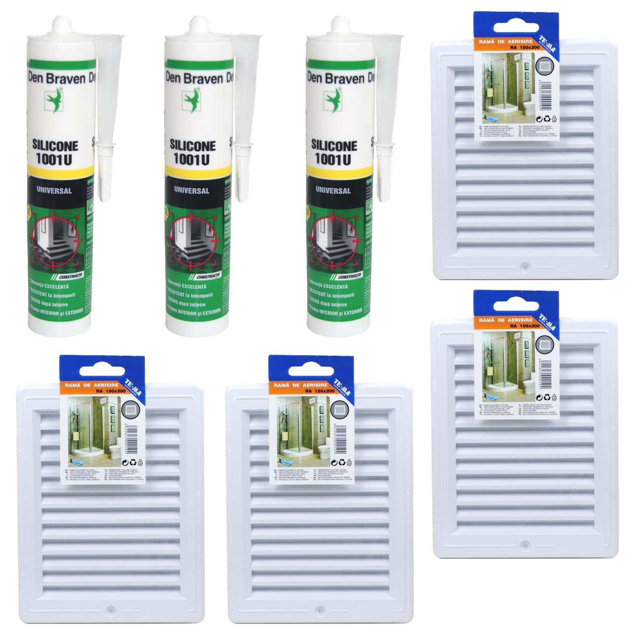 Pachet - 4 x TE-MA, Rama de aerisire, Cu plasa, 150 x 200 mm + 3 x Den Braven, Silicon universal transparent, 1001U, 280 ml