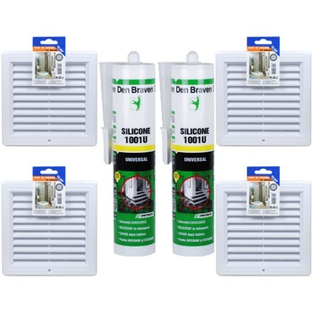 Pachet - 4 x TE-MA, Rama de aerisire, Cu plasa, 200 x 200 mm + 2 x Den Braven, Silicon universal transparent, 1001U, 280 ml Pachet - 4 x TE-MA, Rama de aerisire, Cu plasa, 200 x 200 mm + 2 x Den Braven, Silicon universal transparent, 1001U, 280 ml