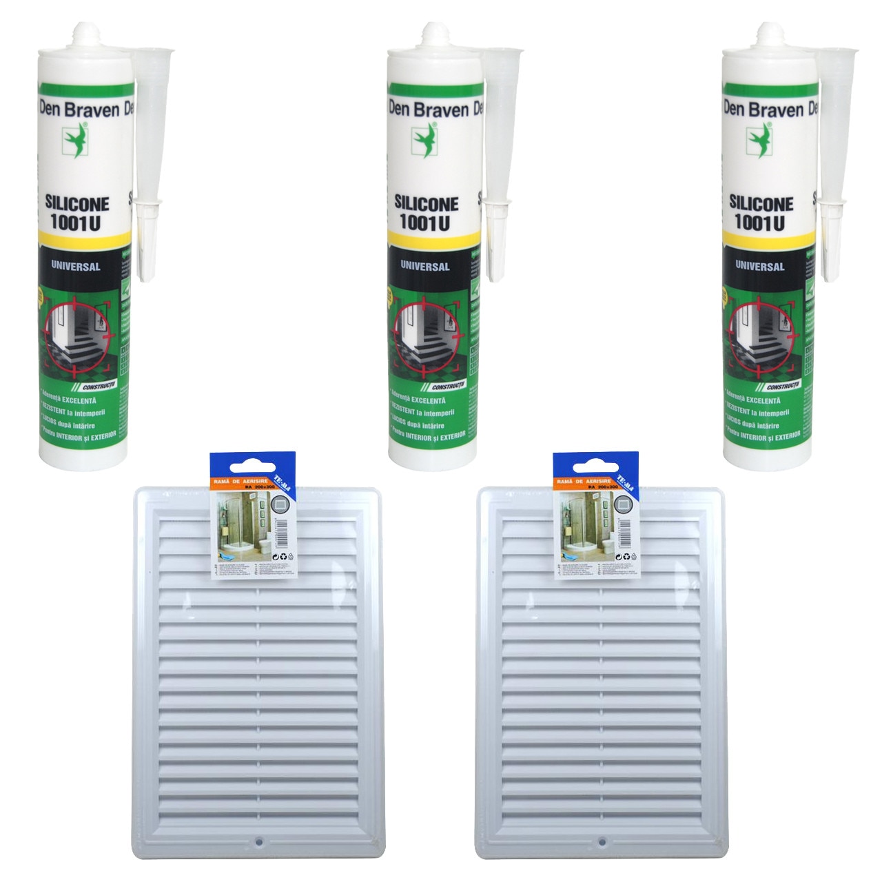 Pachet - 2 x TE-MA, Rama de aerisire, Cu plasa, 200 x 300 mm + 3 x Den Braven, Silicon universal transparent, 1001U, 280 ml