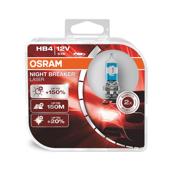 Комплект 2 халогенни крушки Osram HB4 Night Breaker Laser +150%, 12V, 51W