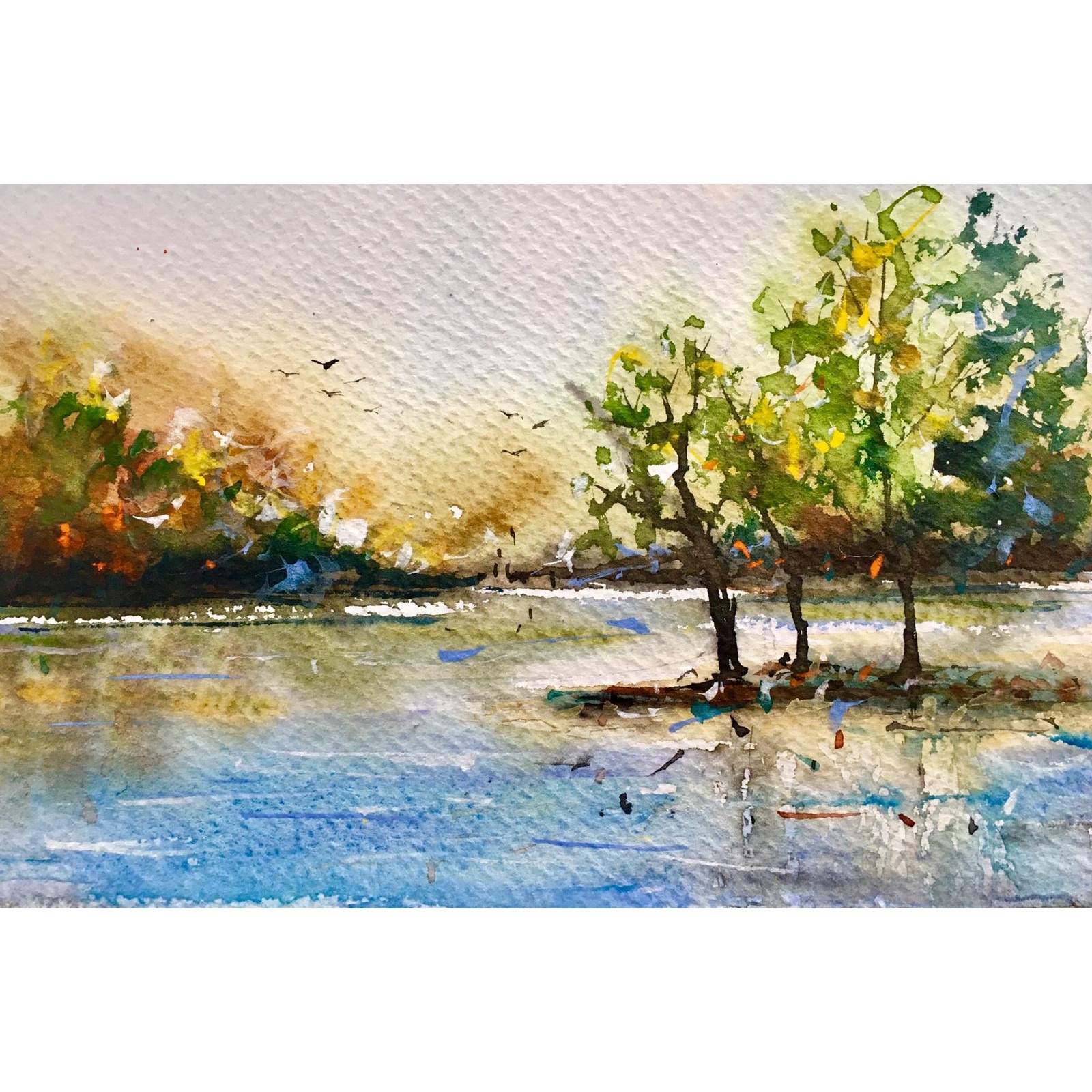 Tablou acuarela Inceput de toamna - tablou pictat manual Oana Pinzariu, dimensiune 15 * 21 cm