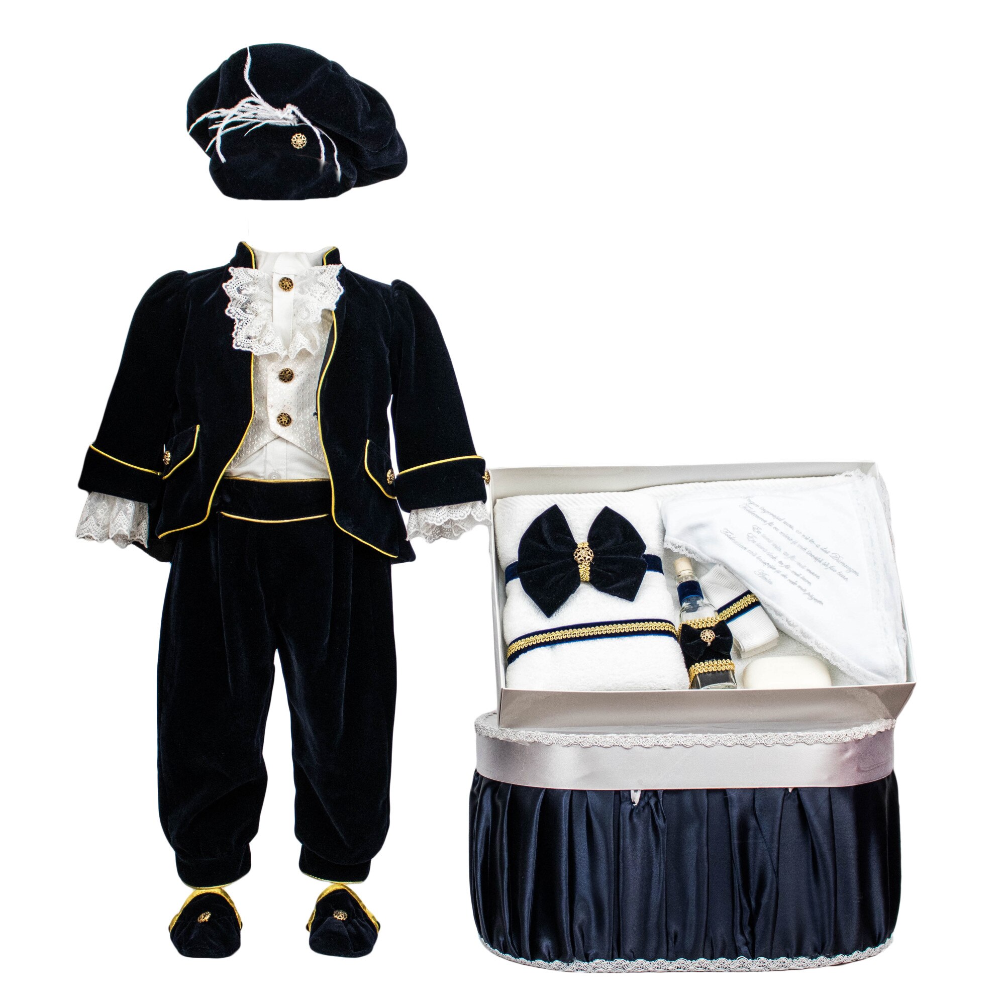 Set botez Regal din catifea bleumarin, trei piese asortate, varsta 3-6 luni