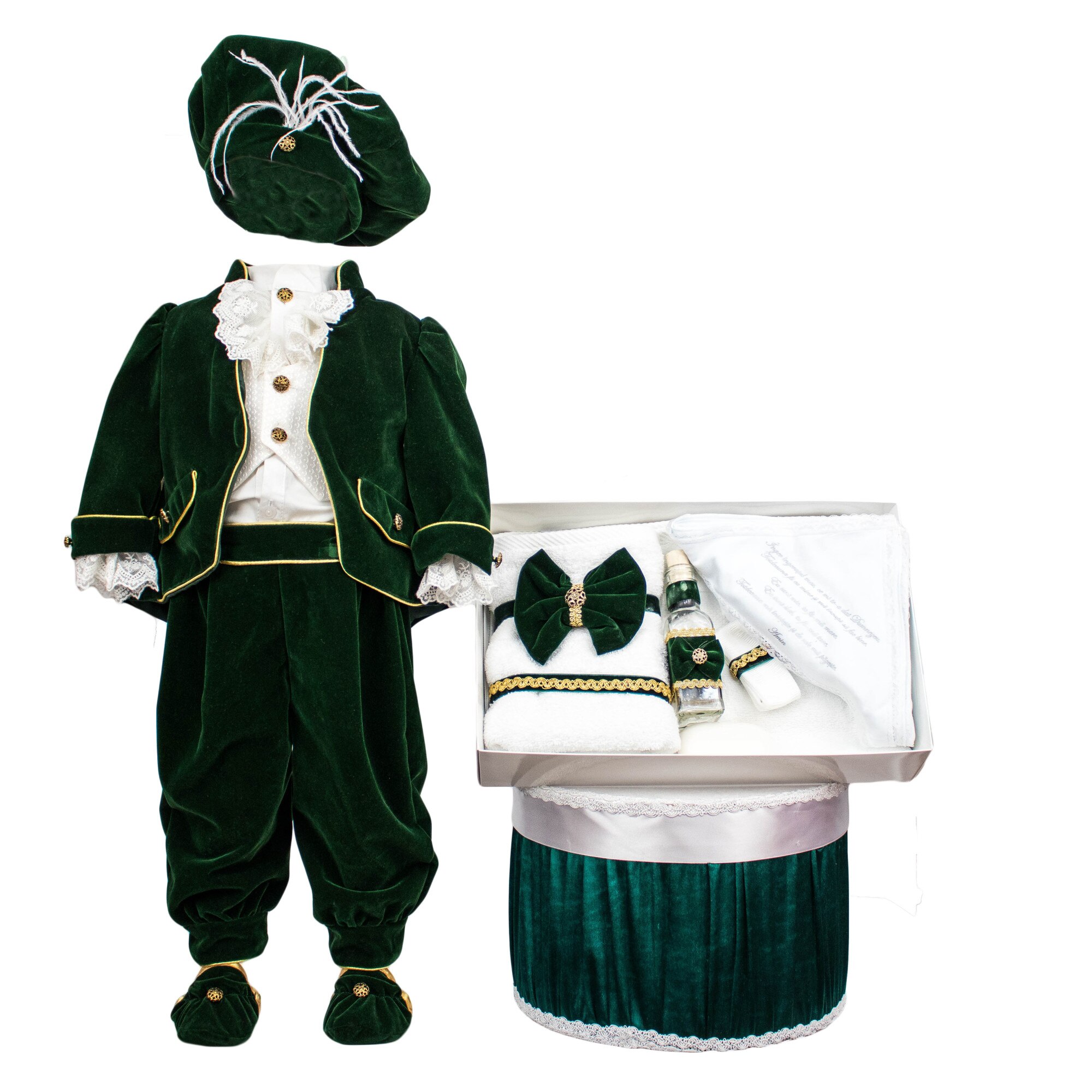 Set botez Regal din catifea verde, trei piese asortate, varsta 6-9 luni