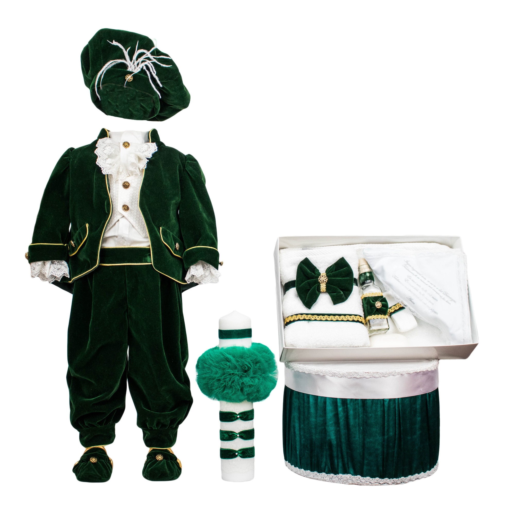 Set botez Regal din catifea verde, patru piese, varsta 6-9 luni