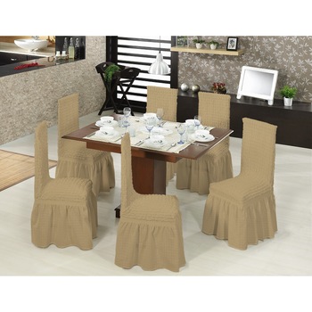 Set 6 huse scaune cu volane din bumbac elasticizat - Model Uni Crem - Bej Set 6 huse scaune cu volane din bumbac elasticizat - Model Uni Crem - Bej