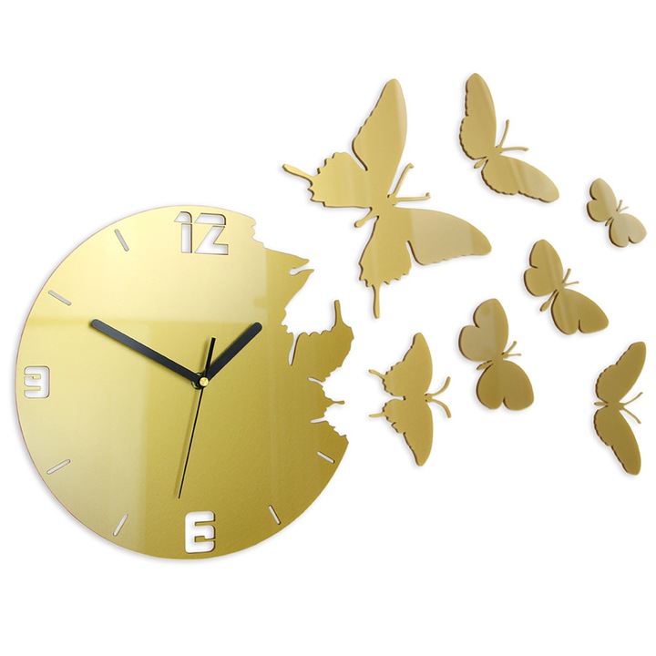 Ceas de perete ModernClock, Model fluture, 45 x 60 cm, Auriu