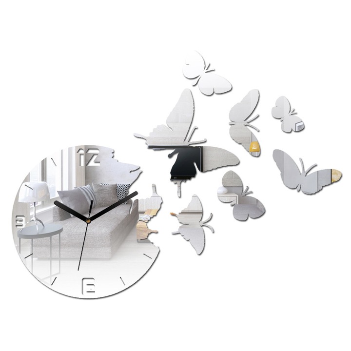 Ceas de perete ModernClock Butterfly Mirror, 28 cm, Argintiu