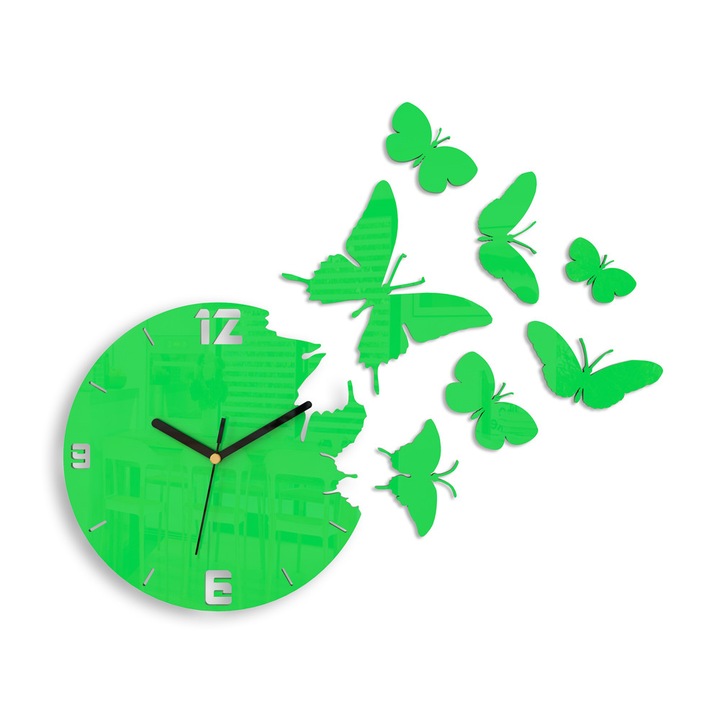 Ceas de perete Butterfly, ModernClock sin sticla acrilica, Verde