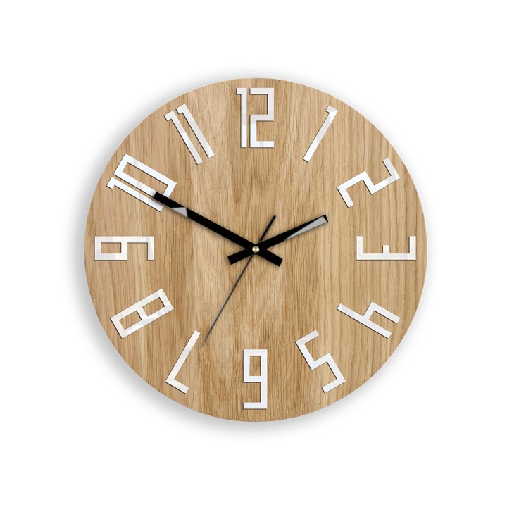 Ceas de perete ModernClock, Oak Slim, 33 cm, Alb/Negru/Maro